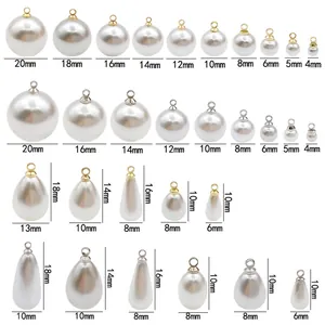 Size chart for round and teardrop imitation pearl pendants in gold and silver finishes