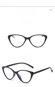 Front and 45-degree angle views of shiny black cat-eye anti-blue light eyewear frames