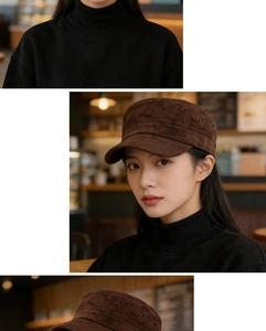 Detail view of brown suede military flat top cap with breathable metal eyelets for women