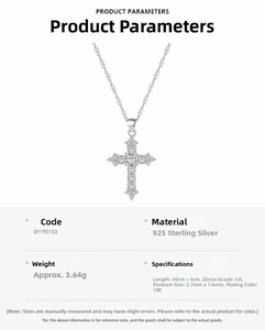 Detail view of S925 silver cross necklace featuring 5A zircon and specifications