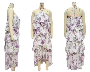Detailed views of a white tiered floral chiffon maxi dress with purple flower patterns