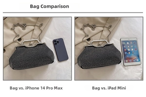 Confronto dimensioni borsa nera vintage con iPhone 14 Pro Max e iPad mini