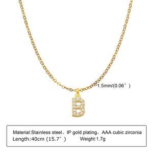 Detail of 40cm gold plated stainless steel initial B pendant with AAA cubic zirconia