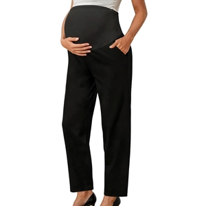 Maternity high waist black straight leg pants with elastic belly support and side pockets