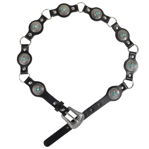 Vintage punk leather belt with turquoise concho details and silver buckle in western style