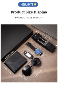 Men's gift set featuring black leather watch, wallet, belt, and sunglasses on wood background