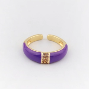Detail of adjustable gold ring with vibrant purple enamel and double-row zircon pavé