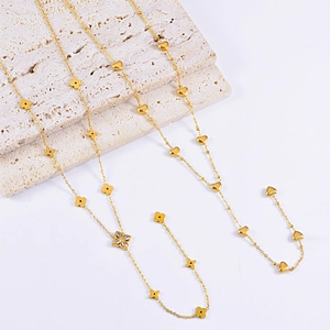 Luxurious Stainless Steel Y-Shaped Tassel Necklace For Women Gold Plated Heart Four Leaf Clover Rhinestone Long Chain