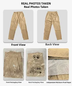 Detailed views of khaki drawstring cargo pants showing fabric texture and pocket design