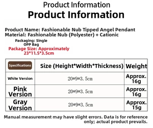 Size chart and specifications for plush angel Christmas tree hanging ornaments