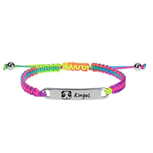 Detail of adjustable colorful braided nylon rope bracelet with engraved panda metal plate