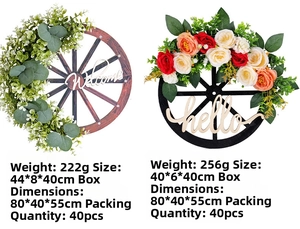 Detail of wooden wheel Christmas wreaths with eucalyptus and roses for door hanging