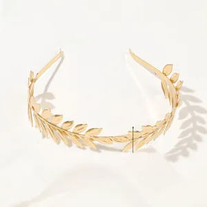Detailed view of golden laurel leaf headband showing 3.5cm height and 25g weight details