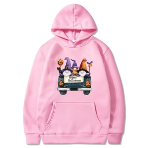 Pink Halloween long sleeve hoodie with Happy Halloween print and front pocket on white background