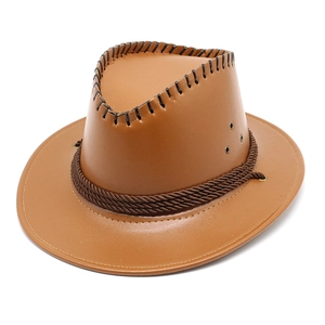 Chapeau de cowboy en simili cuir marron avec corde tressée et bordure surpiquée