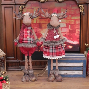 Kerstmis staande pluche rendier pop koppel rood geruit stof tafel decoratie ornament