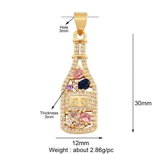 Golden wine bottle pendant with colorful stones and sparkling zirconias 30mm x 12mm