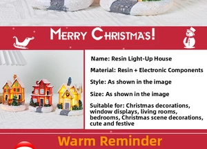 Three miniature resin Christmas houses with LED warm glowing lights and snow textures