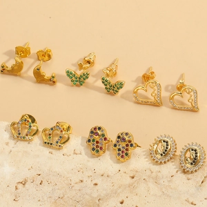 Small Stud Earrings Copper With Colorful Zircon In Heart Butterfly Crown Shapes Fashion Jewelry For Women Accessory