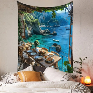 Mediterranean coastal landscape wall tapestry hanging over a bedroom headboard