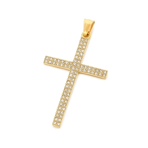 Hip hop gold plated stainless steel cross pendant necklace with sparkling rhinestones