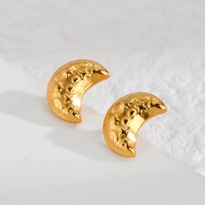Minimalist 18K gold stainless steel crescent earrings with hammered texture on stone