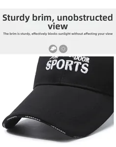 Detail of the stiff brim and white embroidery on a black sports baseball cap