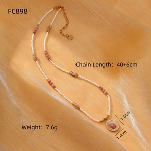 Pink stone beaded necklace on gold satin with 40+6cm chain and elegant oval pendant