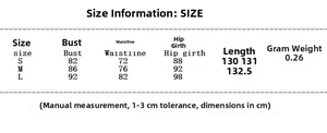 Size chart for women sequin dress including bust, waist, hip and length in centimeters