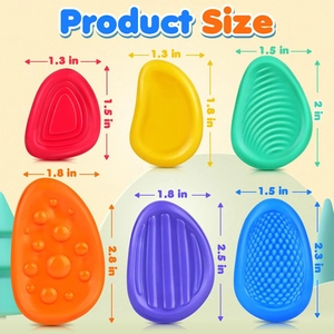 Set of 6 colorful silicone sensory fidget stones for kids with product size dimensions