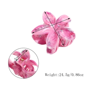 Detail view of flower hair claw with dimensions 8cm by 7.5cm and sturdy metal spring