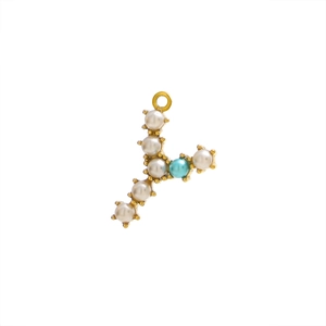 Detail of letter Y pendant with white and light blue pearls on a gold metal base