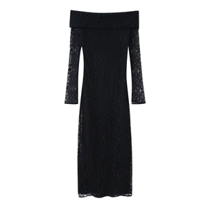 Elegant black lace off-shoulder long sleeve dress with slim fit and floral patterns