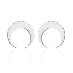 Detailed view of polished silver crescent moon earrings with smooth metallic reflection