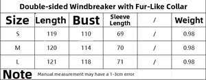 Detailed size chart for the faux fur collar double-sided trench coat in S, M, and L sizes