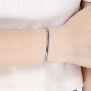 Detail of silver stainless steel flat snake chain bracelet on a model wrist