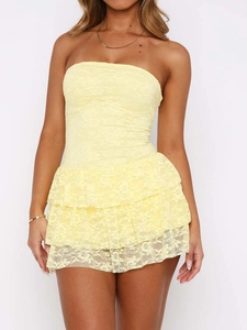 Y2K style sleeveless yellow lace mini dress with ruffled tiered hem for women