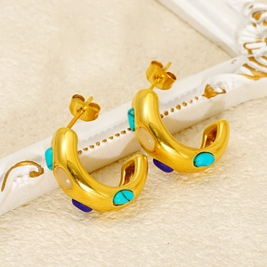 Bohemian gold C-shaped hoop earrings with turquoise and opal stones in vintage style