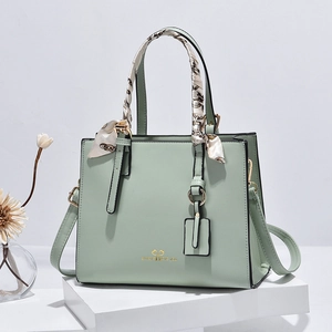 Minimalist large PU tote bag in green with silk scarf handle and adjustable long strap