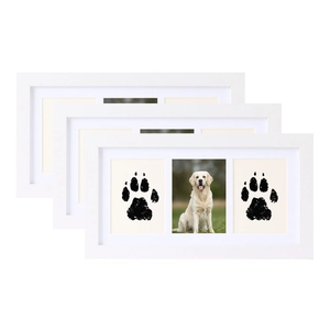 Three-window white wooden frame for pet or baby paw prints and photos