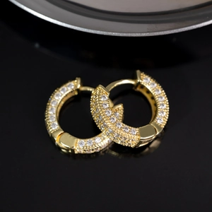 Classic gold hoop earrings with multi-row pave crystal inlay and hinged closure for women
