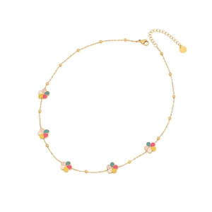 Golden stainless steel necklace featuring colorful enamel flowers on white background