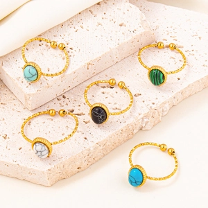 Adjustable 304 stainless steel rings with colorful oval stones and twisted golden band