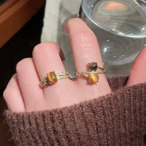 Vintage Open Ring Tiger Eye Stone Zircon Gold Plated Copper Adjustable Finger Jewelry For Women Niche Aesthetic