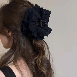 Elegant black lace floral hair claw clip on model showing large fabric shark clip style