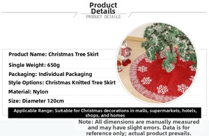 Detail of red knitted Christmas tree skirt with white snowflake pattern and 120cm diameter