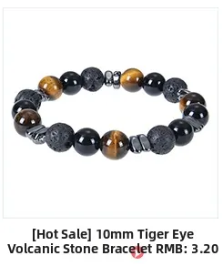 Detailed view of 10mm tiger eye and lava stone beads on a flexible woven bracelet