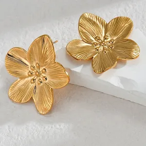 Vintage style 18K gold plated sunflower stud earrings with textured radial finish