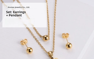 Detail view of high-polish golden round bead necklace pendant and stud earrings set