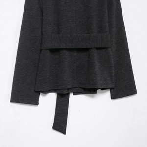 Charcoal grey soft knit jacket for women featuring a matching tie belt and ribbed cuffs